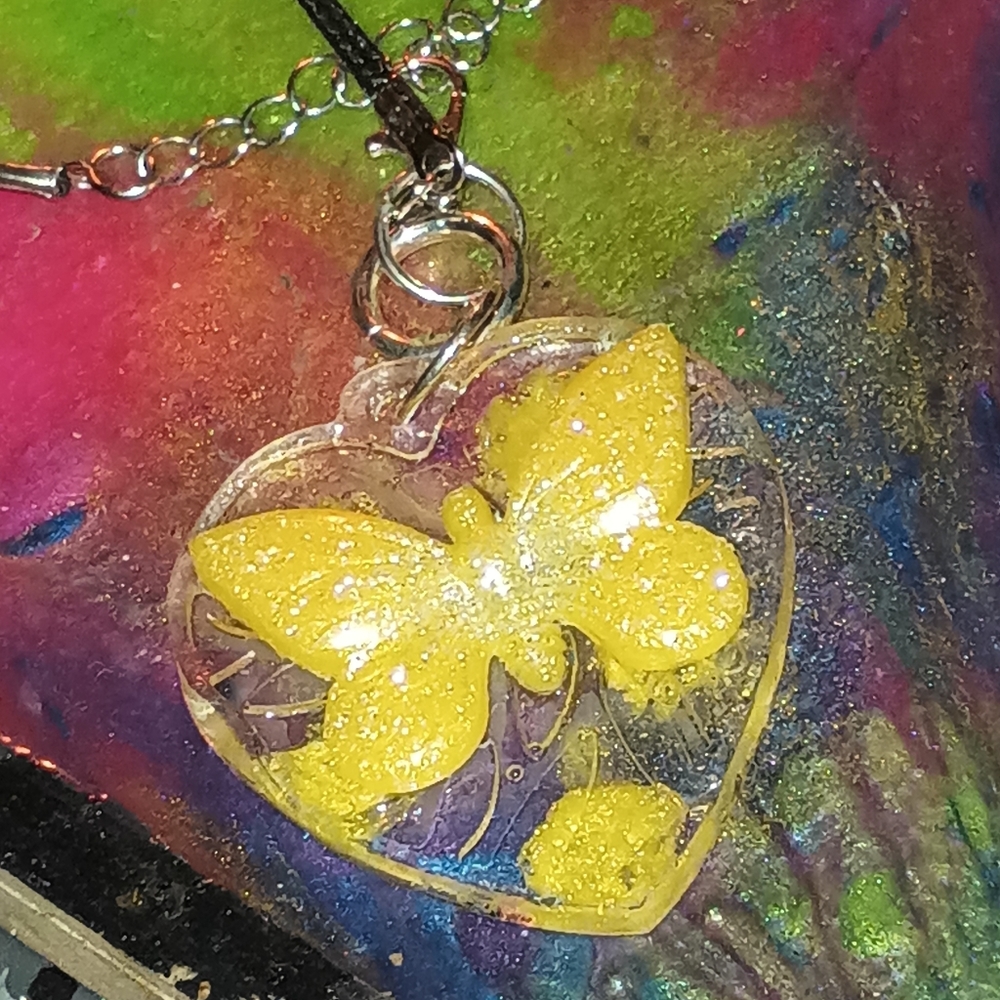 Handmade resin heart w butterfly necklace